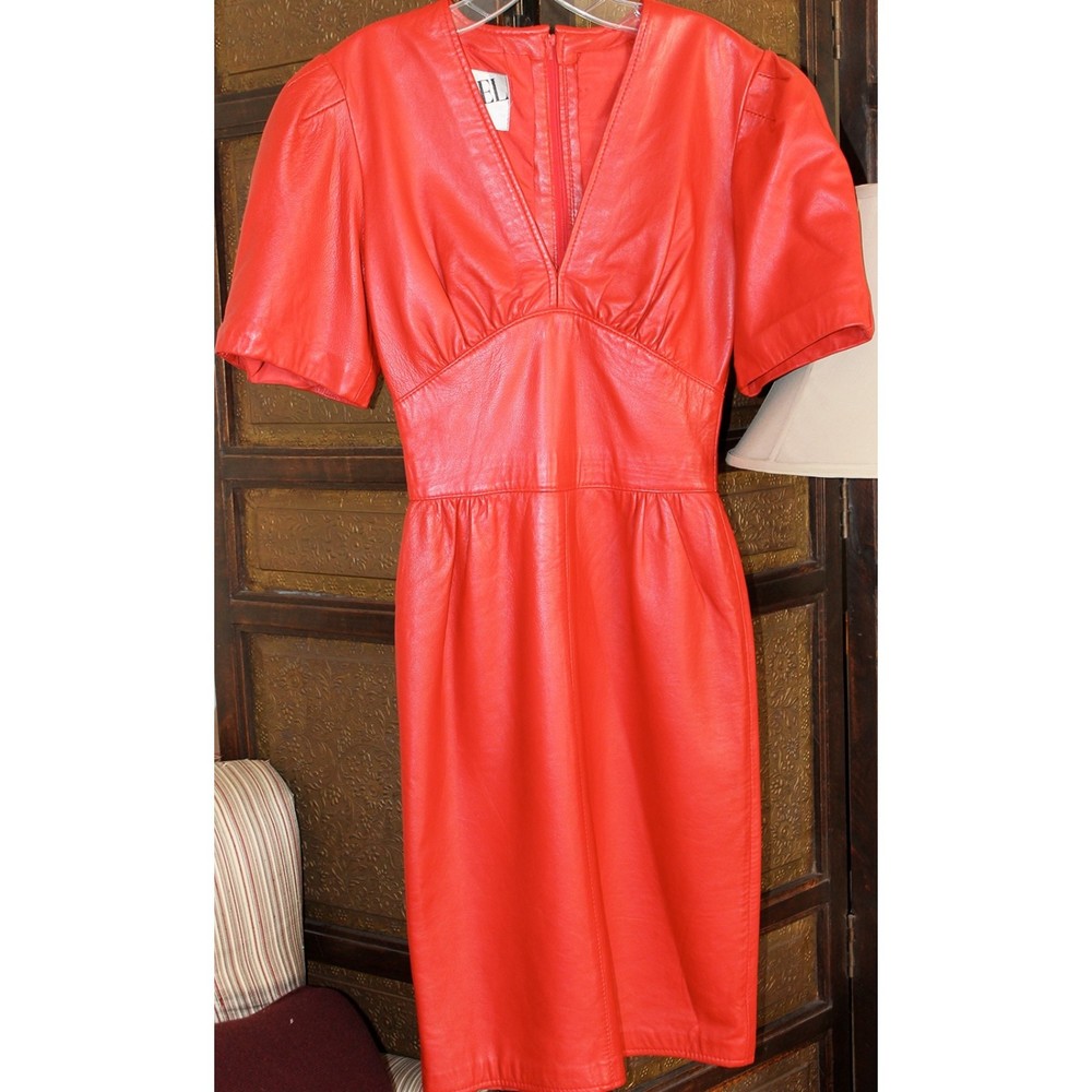 VTG Genel England Cherry Red Leather Dress 1980's Fully Lined Size S